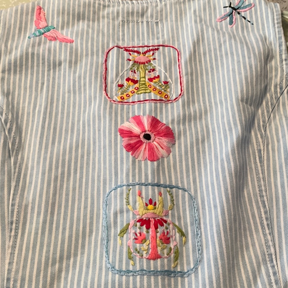 Hand Embroidered Chambray Striped Vest with Floral and Insect Designs